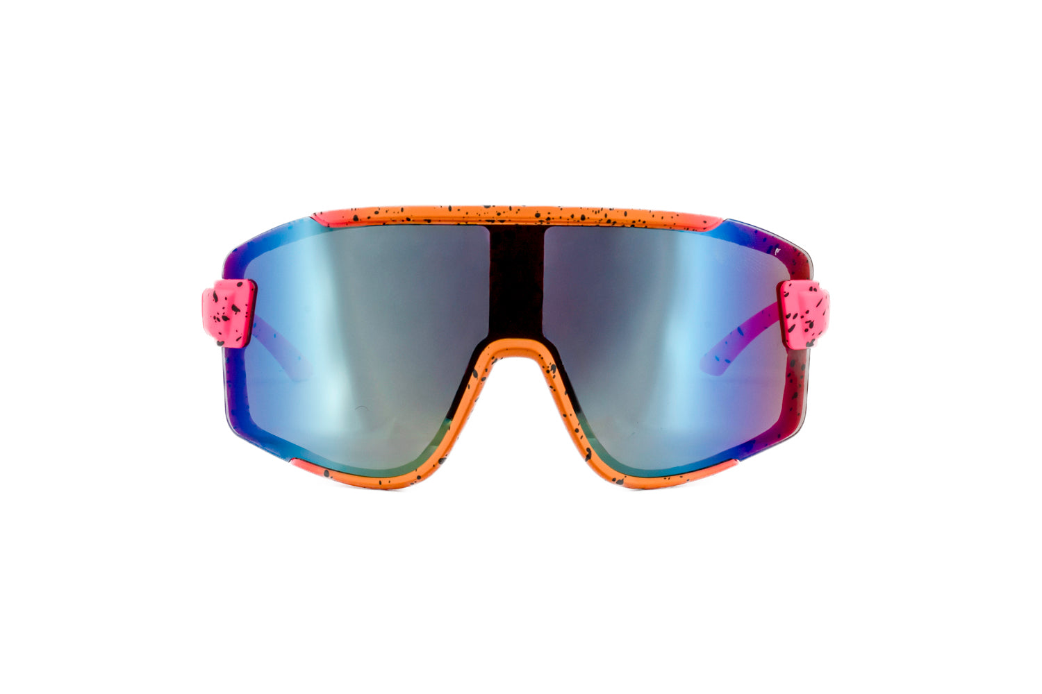 Evo by Bolero Eyewear kids sunglasses with pink orange yellow frame and mirrored lenses front angle view