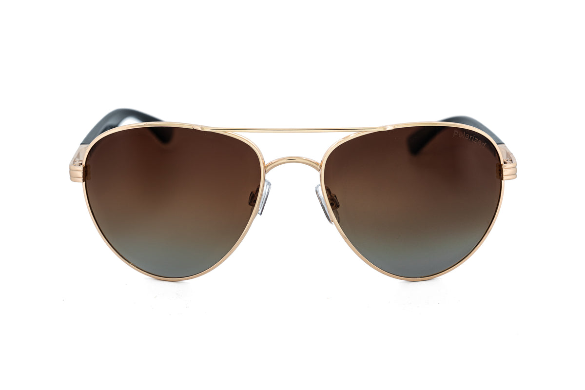 Renzo by Bolero Eyewear gold aviator sunglasses with polarized brown gradient lenses front angle view