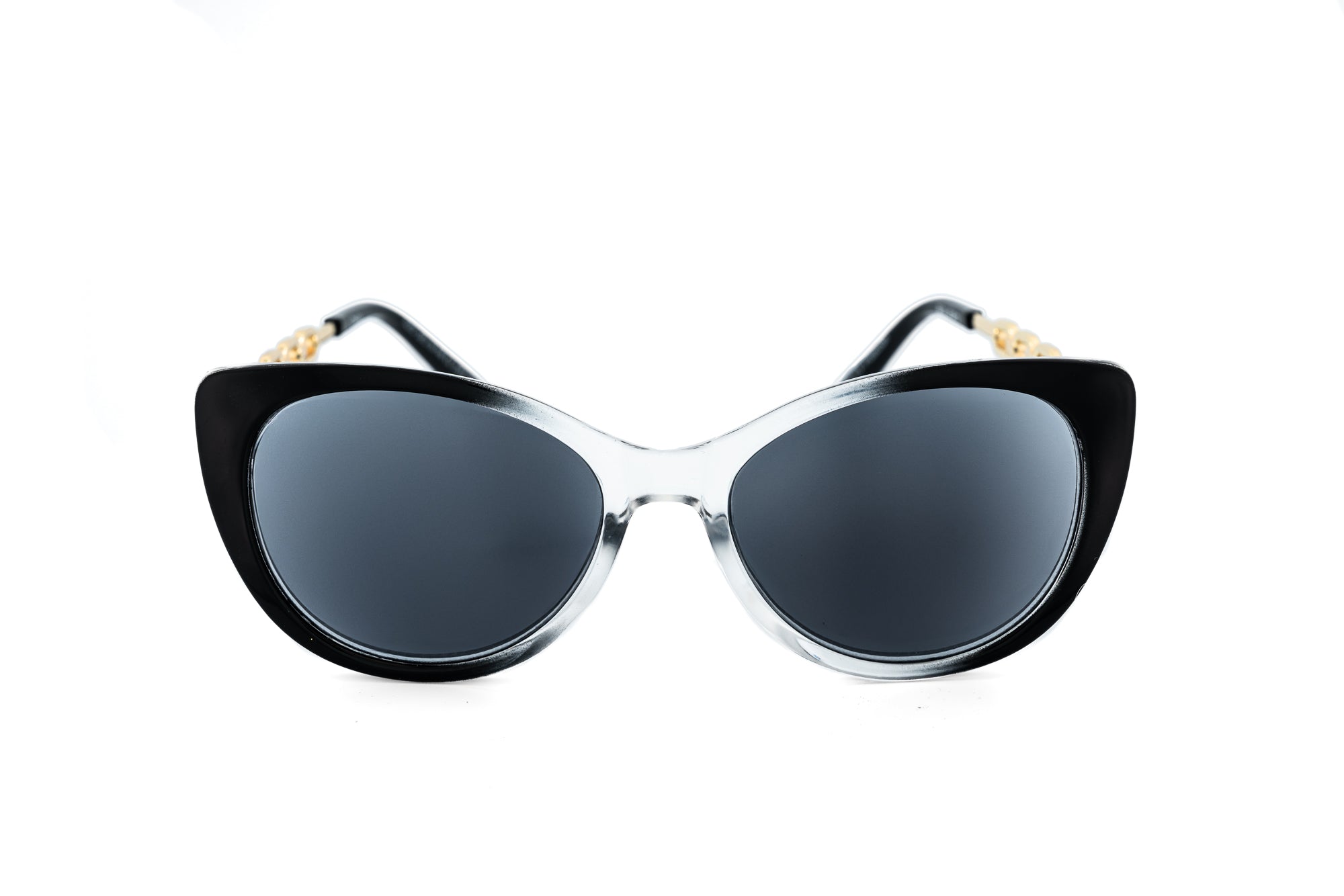 Veyona by Bolero Eyewear black-clear cat-eye sunglasses with gold-link temples front angle view