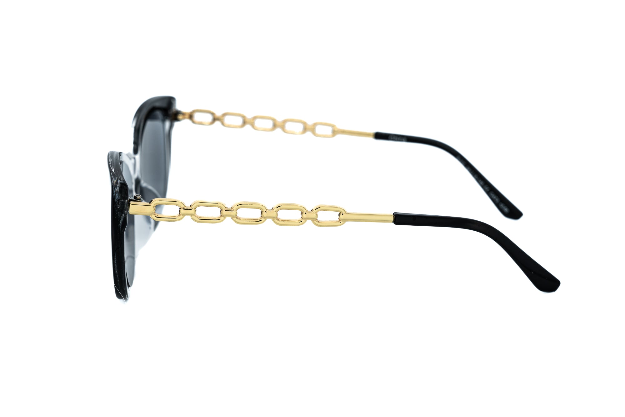 Veyona by Bolero Eyewear black-clear cat-eye sunglasses with gold-link temples side angle view