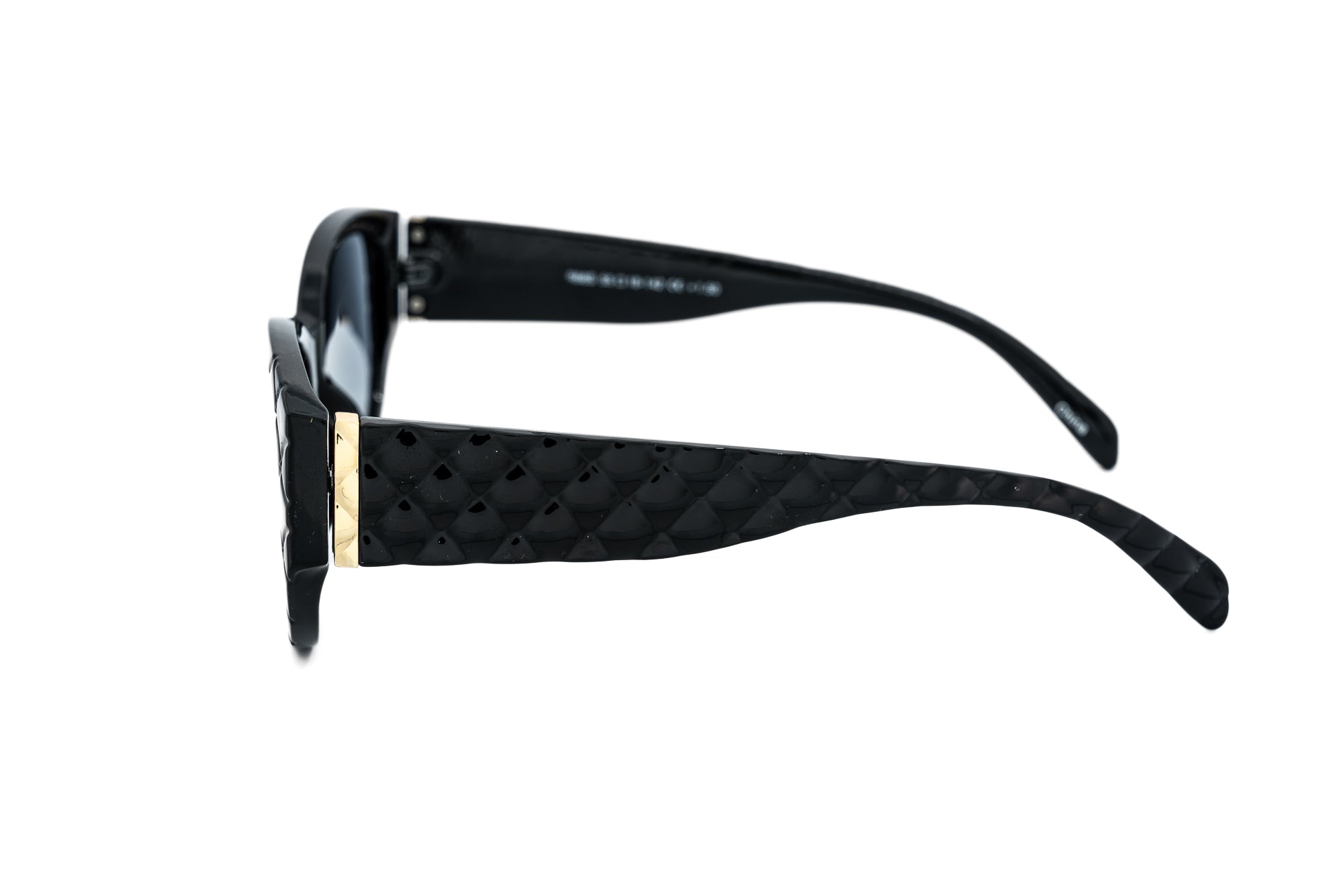 Elodie sun reader sunglasses by Bolero Eyewear with black quilted cat-eye frame and tinted UV lenses side angle view