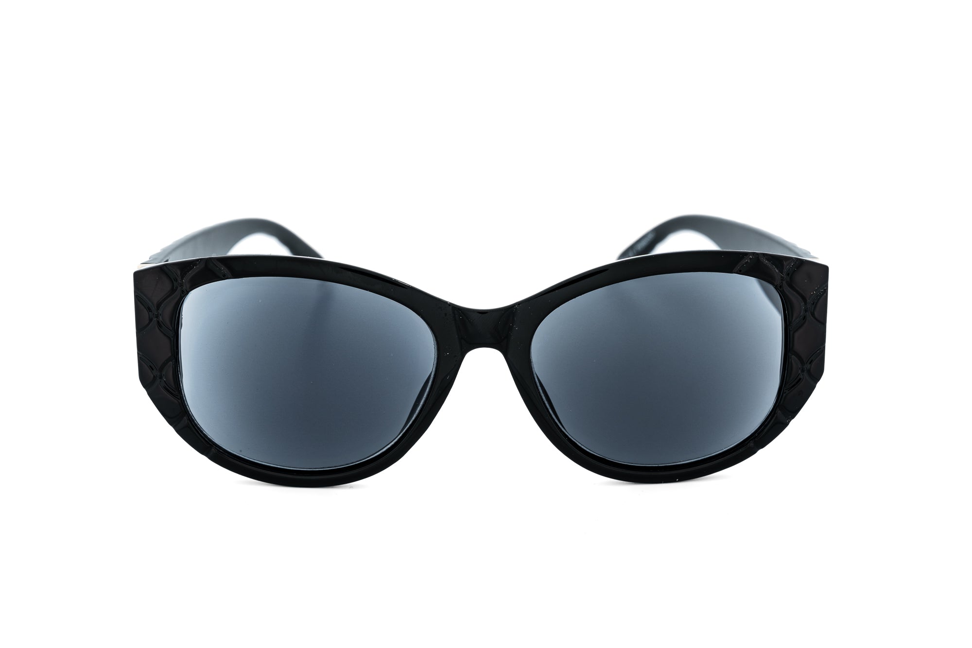 Elodie sun reader sunglasses by Bolero Eyewear with black quilted cat-eye frame and tinted UV lenses