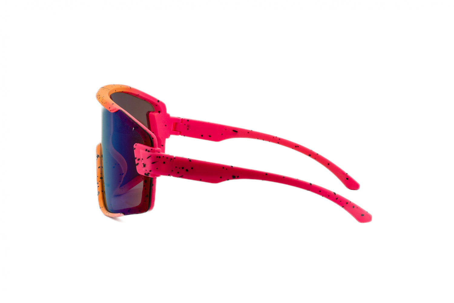 Evo by Bolero Eyewear kids sunglasses with pink orange yellow frame and mirrored lenses side angle view
