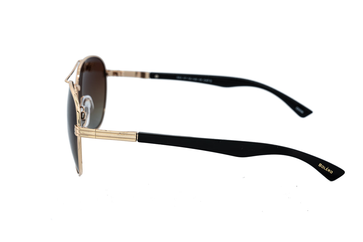 Renzo by Bolero Eyewear gold aviator sunglasses with polarized brown gradient lenses side angle view